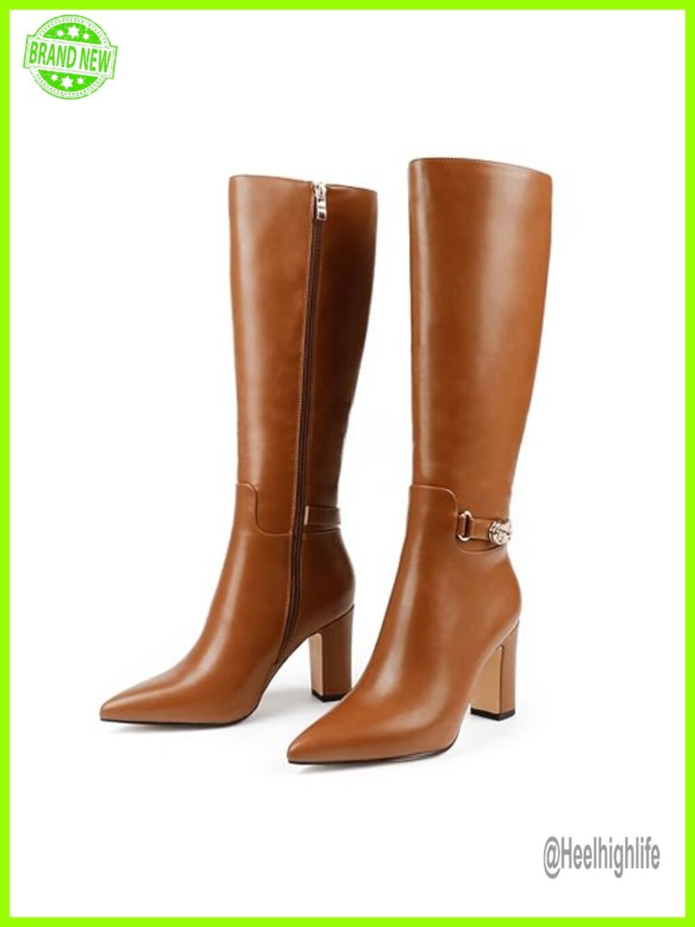 Faux Leather Knee High Boots Pointed Toe Block Heel